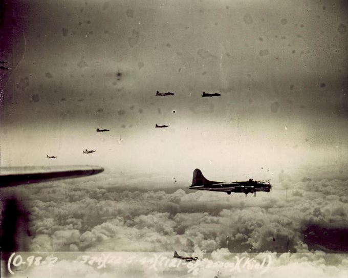 22 May 1944: 303rd B-17s on a bombing mission to Kiel, Germany taken at 25,000 feet.  Photo from the Peter M. Curry Collection.