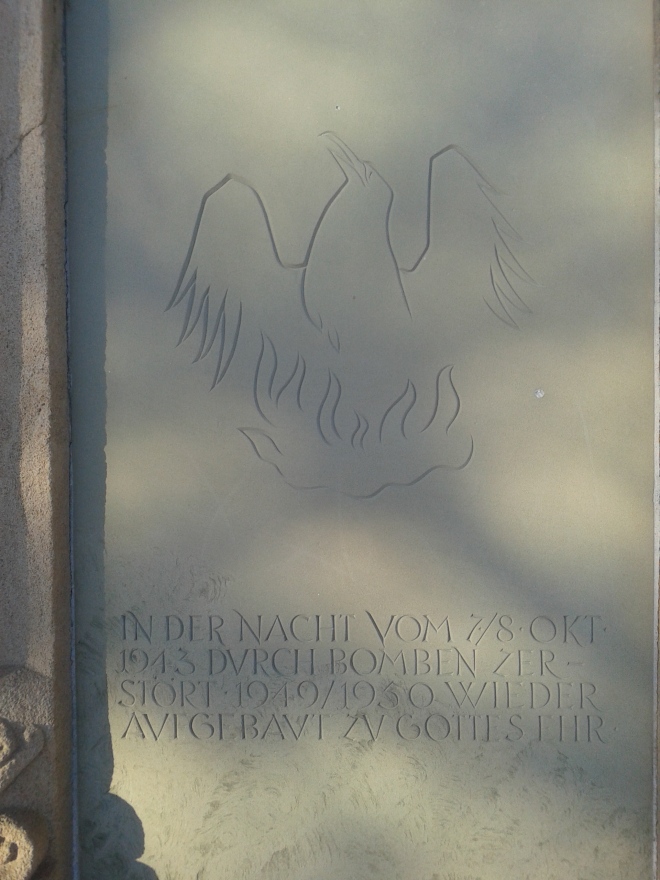 The memorial stone on the rebuilt nave of the protestant church in Boblingen. © Brandon Wilgus, 2015.